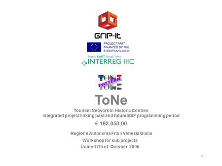 1 ToNe Tourism Network in Historic Centres Integrated project linking past and future ESF programming period € 193.050,00 Regione Autonoma Friuli Venezia.