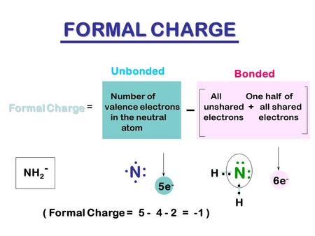 FORMAL CHARGE Formal Charge N :..... N :.... H H NH 2 - Bonded Unbonded Number of All One half of = valence electrons unshared + all shared in the neutral.