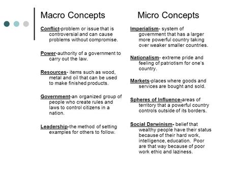 Macro Concepts Micro Concepts Conflict-problem or issue that is controversial and can cause problems without compromise. Power-authority of a government.