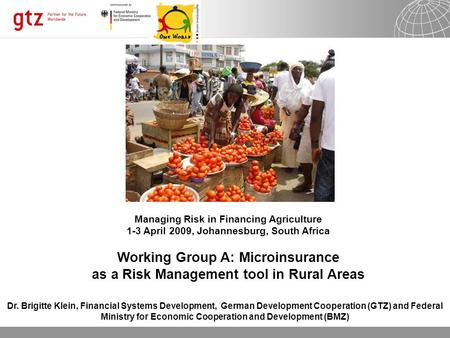 Managing Risk in Financing Agriculture 1-3 April 2009, Johannesburg, South Africa Working Group A: Microinsurance as a Risk Management tool in Rural Areas.
