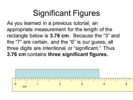 Significant Figures As you learned in a previous tutorial, an appropriate measurement for the length of the rectangle below is 3.76 cm. Because the “3”
