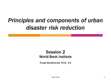 Safe Cities 1 Principles and components of urban disaster risk reduction Session 2 World Bank Institute Fouad Bendimerad, Ph.D., P.E.