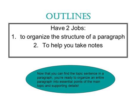Outlines Have 2 Jobs: 1.to organize the structure of a paragraph 2.To help you take notes Now that you can find the topic sentence in a paragraph, you’re.