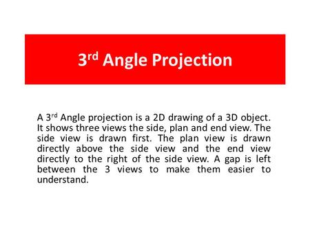 3 rd Angle Projection A 3 rd Angle projection is a 2D drawing of a 3D object. It shows three views the side, plan and end view. The side view is drawn.