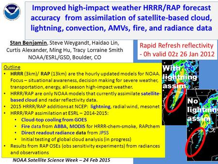 Improved high-impact weather HRRR/RAP forecast accuracy from assimilation of satellite-based cloud, lightning, convection, AMVs, fire, and radiance data.