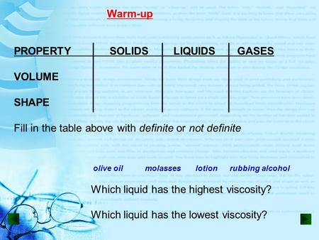 PROPERTYSOLIDSLIQUIDSGASES VOLUME SHAPE Fill in the table above with definite or not definite olive oil molasses lotion rubbing alcohol Which liquid has.