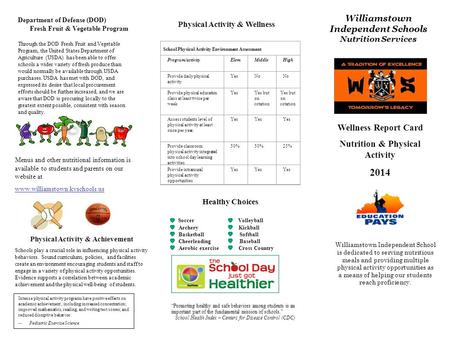 Wellness Report Card Nutrition & Physical Activity 2014 Williamstown Independent School is dedicated to serving nutritious meals and providing multiple.
