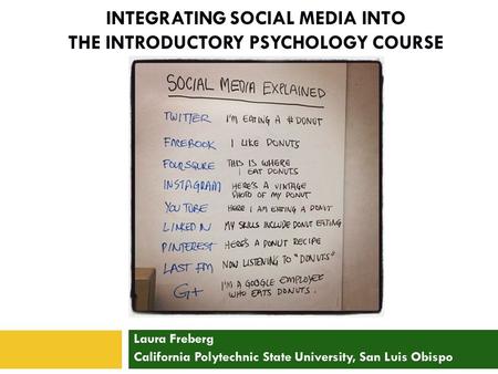 INTEGRATING SOCIAL MEDIA INTO THE INTRODUCTORY PSYCHOLOGY COURSE Laura Freberg California Polytechnic State University, San Luis Obispo.