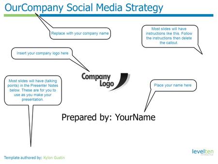 Template authored by: Kylon Gustin OurCompany Social Media Strategy Prepared by: YourName Replace with your company name Most slides will have instructions.
