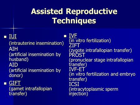 Assisted Reproductive Techniques IUI (intrauterine insemination) AIH (artificial insemination by husband) AID (artificial insemination by donor) IUI (intrauterine.