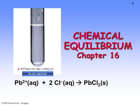 1 © 2009 Brooks/Cole - Cengage CHEMICAL EQUILIBRIUM Chapter 16 Pb 2+ (aq) + 2 Cl – (aq)  PbCl 2 (s) PLAY MOVIE.