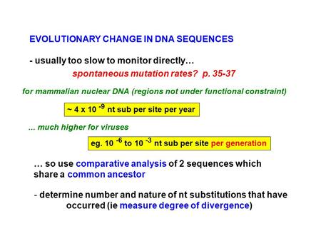 EVOLUTIONARY CHANGE IN DNA SEQUENCES - usually too slow to monitor directly… … so use comparative analysis of 2 sequences which share a common ancestor.