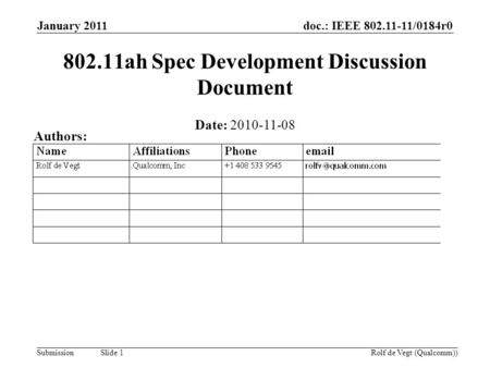 Doc.: IEEE 802.11-11/0184r0 Submission January 2011 Rolf de Vegt (Qualcomm)) Slide 1 802.11ah Spec Development Discussion Document Date: 2010-11-08 Authors: