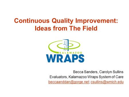 Continuous Quality Improvement: Ideas from The Field Becca Sanders, Carolyn Sullins Evaluators, Kalamazoo Wraps System of Care