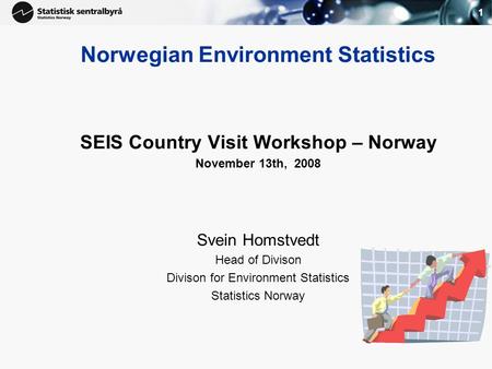 1 Norwegian Environment Statistics SEIS Country Visit Workshop – Norway November 13th, 2008 Svein Homstvedt Head of Divison Divison for Environment Statistics.