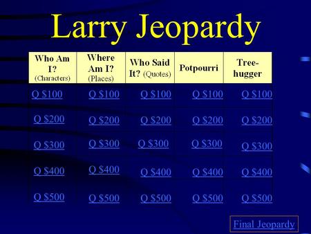 Larry Jeopardy Q $100 Q $200 Q $300 Q $400 Q $500 Q $100 Q $200 Q $300 Q $400 Q $500 Final Jeopardy.