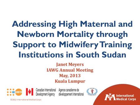 ©2012 International Medical Corps Janet Meyers IAWG Annual Meeting May, 2013 Kuala Lumpur Addressing High Maternal and Newborn Mortality through Support.
