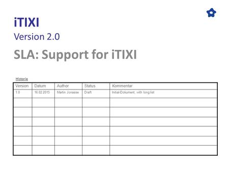 ITIXI Version 2.0 SLA: Support for iTIXI VersionDatumAuthorStatusKommentar 1.016.02.2015Martin JonasseDraftInitial-Dokument, with long list Historie.