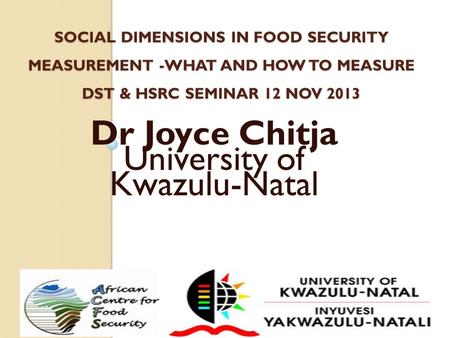 SOCIAL DIMENSIONS IN FOOD SECURITY MEASUREMENT -WHAT AND HOW TO MEASURE DST & HSRC SEMINAR 12 NOV 2013 Dr Joyce Chitja University of Kwazulu-Natal.