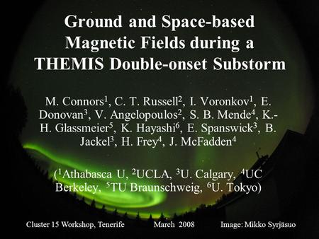 Ground and Space-based Magnetic Fields during a THEMIS Double-onset Substorm M. Connors 1, C. T. Russell 2, I. Voronkov 1, E. Donovan 3, V. Angelopoulos.