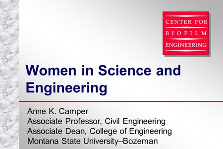 Women in Science and Engineering Anne K. Camper Associate Professor, Civil Engineering Associate Dean, College of Engineering Montana State University–Bozeman.
