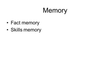 Memory Fact memory Skills memory. Cortical Sensory Area Amygdala Hippocampus Diencephalon Prefrontal Cortex Basal Forebrain.