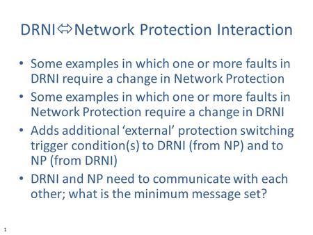 1 DRNI  Network Protection Interaction Some examples in which one or more faults in DRNI require a change in Network Protection Some examples in which.