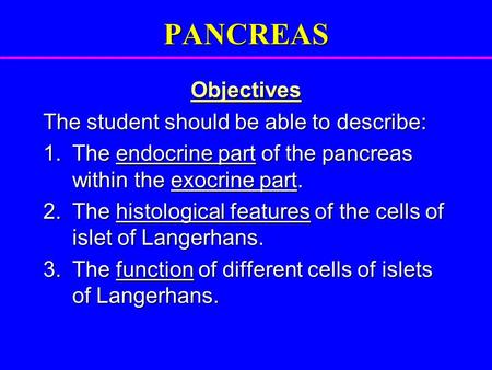 PANCREAS Objectives The student should be able to describe: 1.The endocrine part of the pancreas within the exocrine part. 2.The histological features.