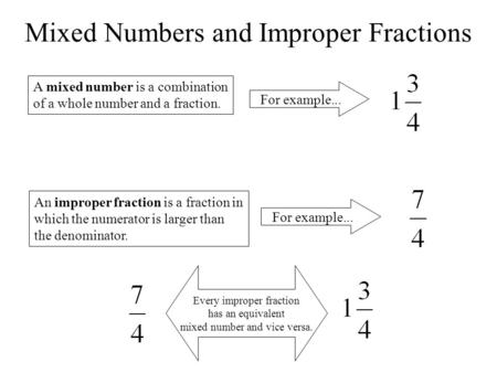 Mixed Numbers and Improper Fractions A mixed number is a combination of a whole number and a fraction. For example... An improper fraction is a fraction.