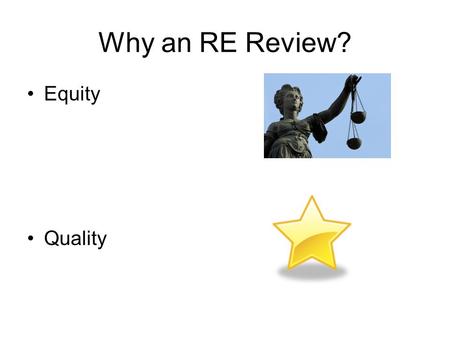 Why an RE Review? Equity Quality. Focus of the RE Review –Aims –Curriculum –Exemplification of good RE practice –Assessment including qualifications.