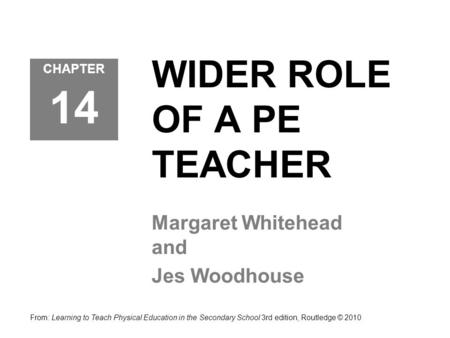 WIDER ROLE OF A PE TEACHER Margaret Whitehead and Jes Woodhouse CHAPTER 14 From: Learning to Teach Physical Education in the Secondary School 3rd edition,