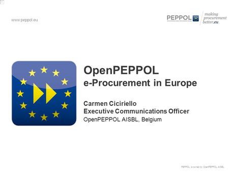 Www.peppol.eu PEPPOL is owned by OpenPEPPOL AISBL OpenPEPPOL e-Procurement in Europe Carmen Ciciriello Executive Communications Officer OpenPEPPOL AISBL,