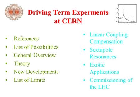Driving Term Experments at CERN References List of Possibilities General Overview Theory New Developments List of Limits Linear Coupling Compensation Sextupole.
