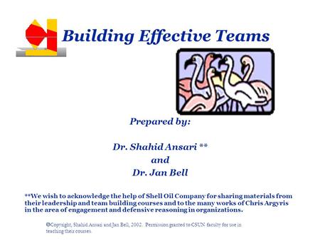  Copyright, Shahid Ansari and Jan Bell, 2002. Permission granted to CSUN faculty for use in teaching their courses. Building Effective Teams Prepared.