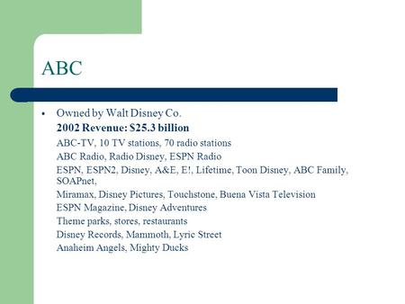 ABC  Owned by Walt Disney Co. 2002 Revenue: $25.3 billion ABC-TV, 10 TV stations, 70 radio stations ABC Radio, Radio Disney, ESPN Radio ESPN, ESPN2, Disney,
