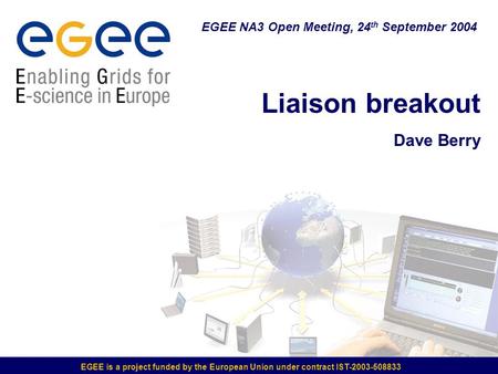 Liaison breakout Dave Berry EGEE NA3 Open Meeting, 24 th September 2004 EGEE is a project funded by the European Union under contract IST-2003-508833.