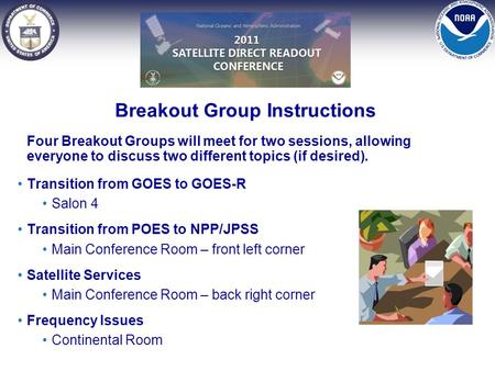 Breakout Group Instructions Four Breakout Groups will meet for two sessions, allowing everyone to discuss two different topics (if desired). Transition.