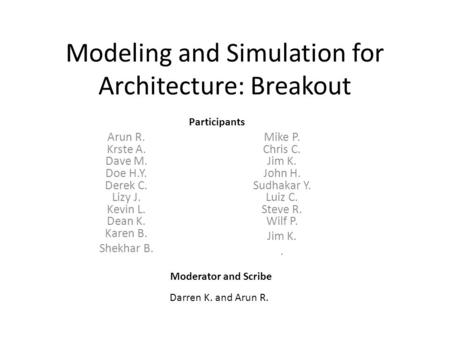 Modeling and Simulation for Architecture: Breakout Arun R. Krste A. Dave M. Doe H.Y. Derek C. Lizy J. Kevin L. Dean K. Karen B. Shekhar B. Mike P. Chris.