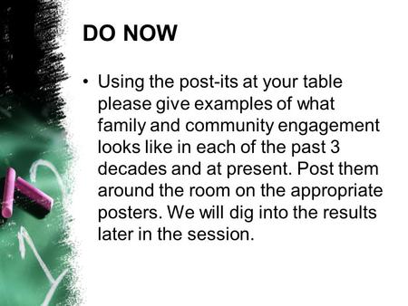 DO NOW Using the post-its at your table please give examples of what family and community engagement looks like in each of the past 3 decades and at present.