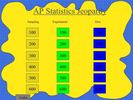100 200 300 400 ExperimentsMisc AP Statistics Jeopardy Sampling 500 600 100 200 300 400 500 600 100 200 300 400 500 600 Credits.