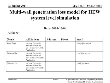 Submission doc.: IEEE 12-14/1590r0 December 2014 Multi-wall penetration loss model for HEW system level simulation Date: 2014-12-08 Authors: NameAffiliationsAddressPhoneemail.