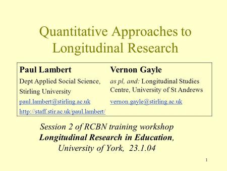 1 Quantitative Approaches to Longitudinal Research Session 2 of RCBN training workshop Longitudinal Research in Education, University of York, 23.1.04.