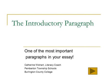 The Introductory Paragraph One of the most important paragraphs in your essay! Catherine Wishart, Literacy Coach Pemberton Township Schools Burlington.