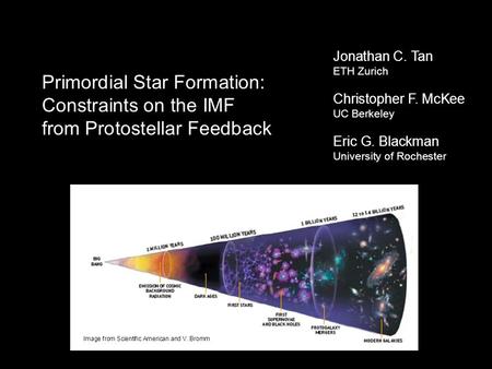 Primordial Star Formation: Constraints on the IMF from Protostellar Feedback Jonathan C. Tan ETH Zurich Christopher F. McKee UC Berkeley Eric G. Blackman.