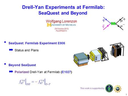 SeaQuest: Fermilab Experiment E906 ➡ Status and Plans Beyond SeaQuest ➡ Polarized Drell-Yan at Fermilab (E1027) Wolfgang Lorenzon (30-October-2013) PacSPIN2013.