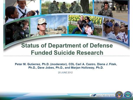 Status of Department of Defense Funded Suicide Research 20 JUNE 2012 Peter M. Gutierrez, Ph.D. (moderator), COL Carl A. Castro, Diana J. Fitek, Ph.D.,