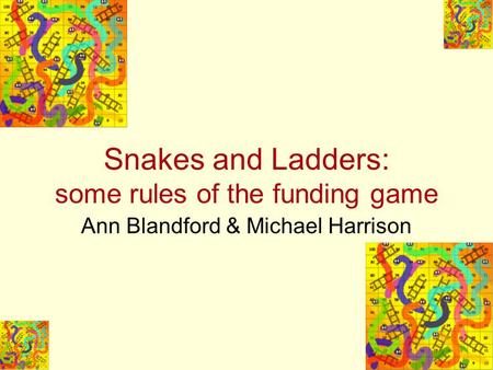 Snakes and Ladders: some rules of the funding game Ann Blandford & Michael Harrison.