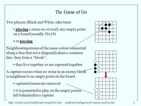 Intelligence for Games and Puzzles1 The Game of Go Two players, Black and White, take turns placing.
