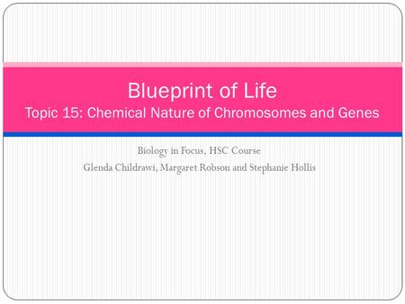 Biology in Focus, HSC Course Glenda Childrawi, Margaret Robson and Stephanie Hollis Blueprint of Life Topic 15: Chemical Nature of Chromosomes and Genes.