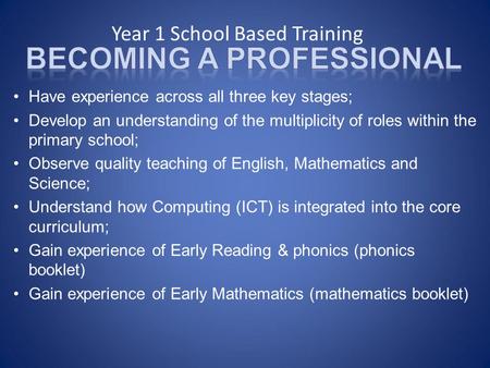 Year 1 School Based Training Have experience across all three key stages; Develop an understanding of the multiplicity of roles within the primary school;